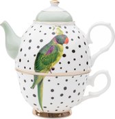 Yvonne Ellen tea for one set halsbandparkiet met peer en polkadots, gemaakt van porselein, inhoud: 0,9 liter - cadeautip - theepot