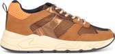 PS Poelman Dames - MINION Combo Mesh Suède Leren Runner Sneakers met Metallic Details en Beige Zool - Cognac Bruin Oranje Zwart Multi - Maat 36