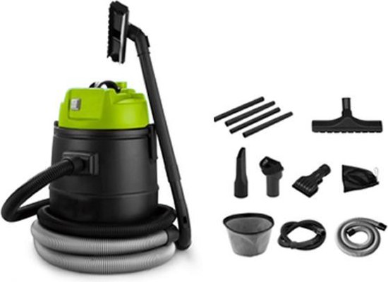 Zwarte vijverstofzuiger met groen deksel, met accessoires.