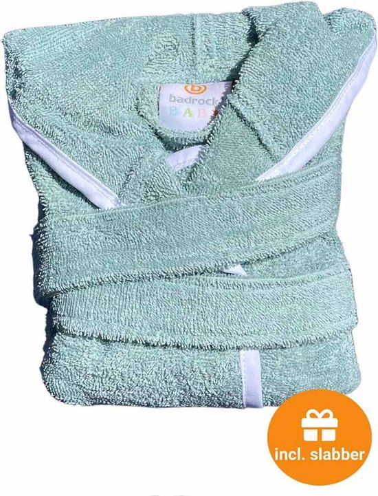 Babybadjas met capuchon - groen (sage) - baby badjas gender neutraal - baby badjas meisje - baby badjas jongen - kraamcadeau - 100% badstof katoen - incl. slabbetje - luxe baby badjas mét roomwitte bies - maat 0-12 mnd (80) van Cangaroo Kids — afbeelding 3