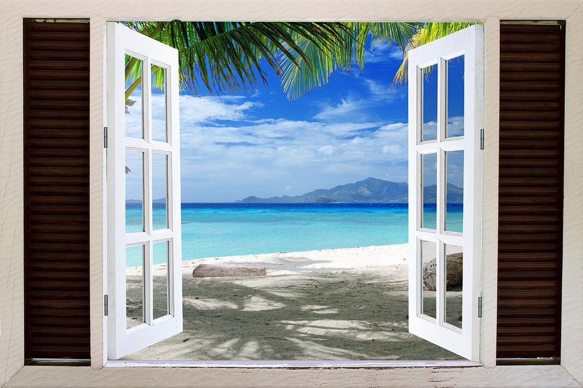 Tuindoek doorkijk openslaand venster naar een Tropisch / Eiland / Strand - 150x100cm - tuinposter - tuinposter doorkijkje – Doorkijk tuinposter - tuinposter doorkijk XL – Tuinposter Voor Buiten