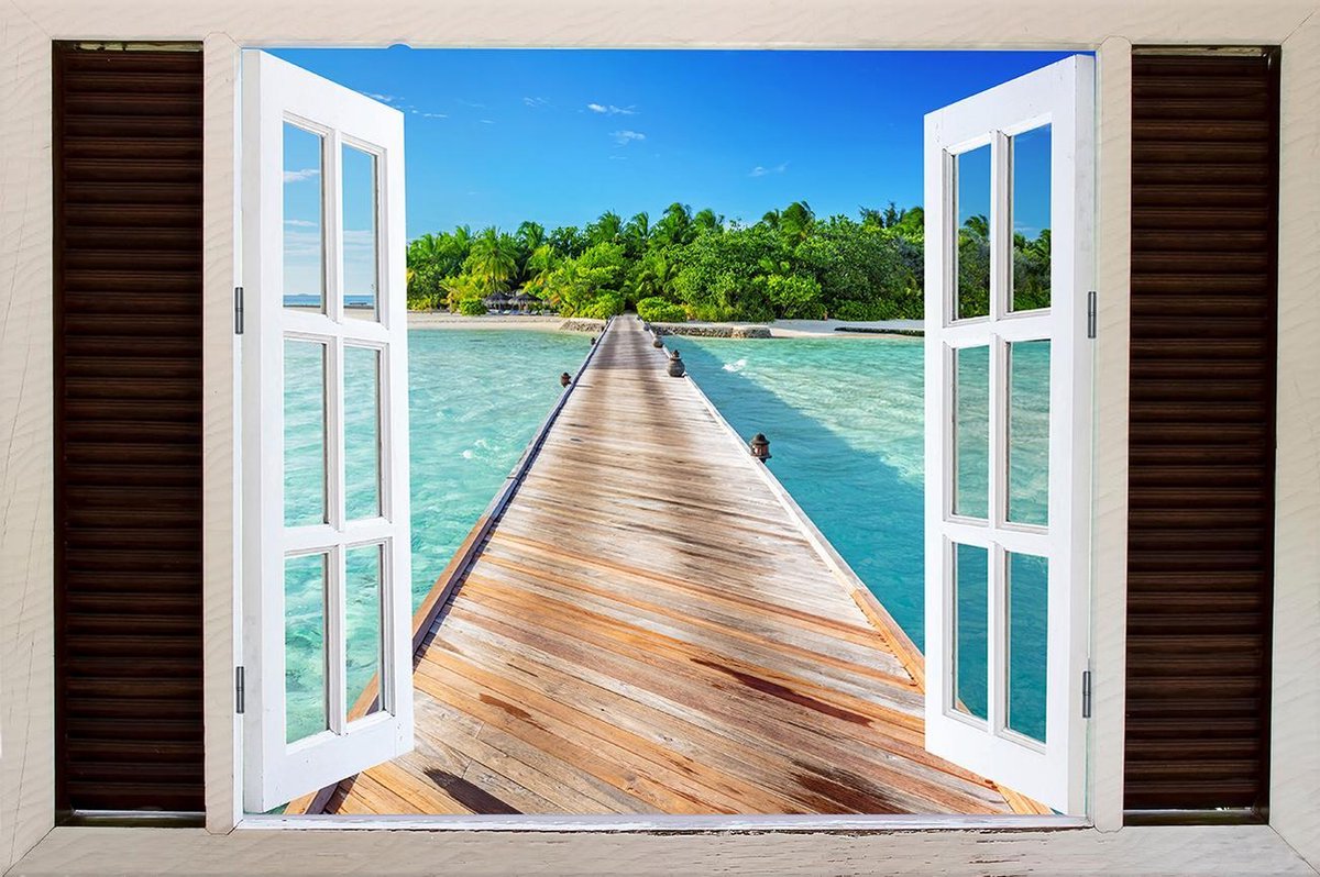 Tuindoek doorkijk openslaand venster naar een Tropisch / Eiland / Strand - 150x100cm - tuinposter - tuinposter doorkijkje – Doorkijk tuinposter - tuinposter doorkijk XL – Tuinposter Voor Buiten