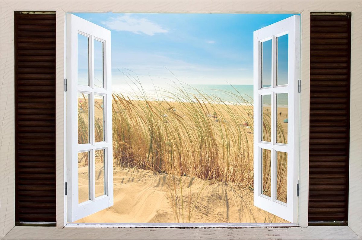Tuindoek doorkijk door openslaand venster naar een Tropisch / Eiland / Strand - 150x100cm - tuinposter - tuinposter doorkijkje – Doorkijk tuinposter - tuinposter doorkijk XL – Tuinposter buiten met een zee, strand en palmbomen
