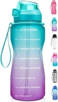 FLOOQ - Bouteille d'eau - Bouteille d'eau - Bouteille de boisson de sport - Grande bouteille d'eau - Paille - 2 litres - Étanche - Marquage du temps - Bouteille d'eau de motivation - Vert/Violet