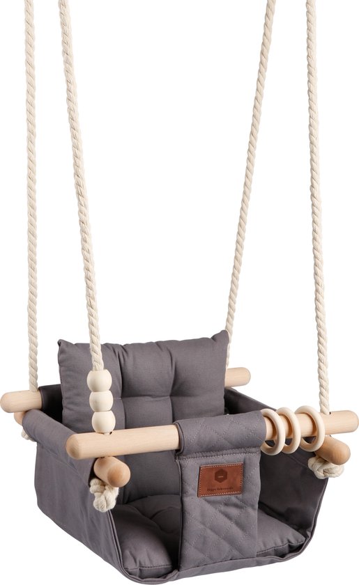 Baby / Kinder Schommel voor binnen of buiten! - Luxe Baby Swing Donker Grijs - Schommelstoel inclusief Zachte Kussens en Bevestigingsmaterialen - Met Veiligheidsgordel!