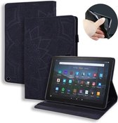 Voor Amazon Fire HD 10/10 Plus (2021) Kalfspatroon Dubbel opvouwbaar ontwerp Reliëf lederen tas met houder & kaartsleuven & pennensleuf & elastische band (zwart)