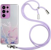 Voor Samsung Galaxy S21 Ultra 5G hol marmerpatroon TPU schokbestendig beschermhoes met nekriem touw (roze)