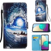 Voor Samsung Galaxy A02 / M02 (wereldwijd) Gekleurd tekeningpatroon Vlak geweven horizontaal Flip lederen hoesje met houder & kaartsleuf & portemonnee & lanyard (golven en zon)
