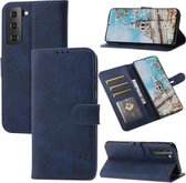 Voor Samsung Galaxy S21 FE Reliëf Gelukkig Kat Patroon Horizontale Flip Lederen Case met Houder & Kaartsleuven & Portemonnee (Blauw)