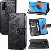 Voor OPPO F19 4G/A74 4G Vlinder Liefde Bloem Reliëf Horizontale Flip Lederen Case met Beugel/Kaartsleuf/Portemonnee/Lanyard (Zwart)