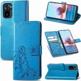 Voor Geschikt voor Xiaomi Redmi Note 10 4G vierbladige sluiting reliëf gesp mobiele telefoon bescherming lederen tas met lanyard & kaartsleuf & portemonnee & beugel functie (blauw)