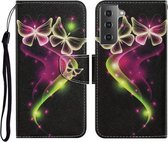 Voor Samsung Galaxy S21 FE Gekleurde Tekening Patroon Horizontale Flip PU Lederen Case met Houder & Kaartsleuven & Portemonnee & Lanyard (Paar Vlinder)