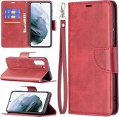 Voor Samsung Galaxy S21 FE Retro Lambskin Texture Pure Color Horizontale Flip PU Leather Case met houder & kaartsleuven & portemonnee & Lanyard (rood)
