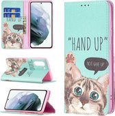 Voor Samsung Galaxy S21 FE Gekleurde Tekening Patroon Onzichtbare Magnetische Horizontale Flip PU Lederen Case met Houder & Kaartsleuven & Portemonnee (Kat)