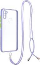Voor Samsung Galaxy A11 Transparante pc + TPU-telefoonhoes met knop in contrastkleur en nekkoord (paars)