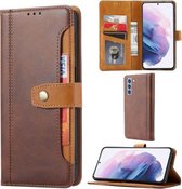 Voor Samsung Galaxy S21 FE Kalf Textuur Dubbele Vouwsluiting Horizontale Flip Leren Case met Fotolijst & Houder & Kaartsleuven & Portemonnee (Bruin)