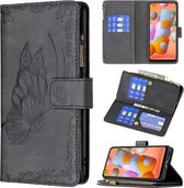 Voor Samsung Galaxy A11 Flying Butterfly Embossing Pattern Rits Horizontale Flip Leather Case met houder & kaartsleuven & portemonnee (zwart)