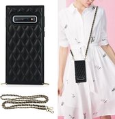 Voor Samsung Galaxy S10 Elegant Rhombic Pattern Microfiber Leather + TPU Shockproof Case met Crossbody Strap Chain (Zwart)