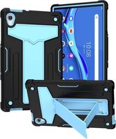 Voor Lenovo Tab M10 HD 2e generatie TB-X306X T-vormige beugel Contrastkleur Schokbestendig PC + siliconen platte beschermhoes (zwart + blauw)