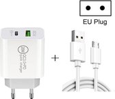 20 W PD Type-C + QC 3.0 USB-interface Snel opladen Reisoplader met USB naar Micro USB Snelle oplaadgegevenskabel EU-stekker