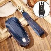Hallmo Auto Koeienhuid Lederen Sleutel Beschermende Cover Sleutel Case voor Porsche Macan 718 2021 A Stijl (Blauw)