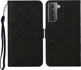 Voor Samsung Galaxy S21 FE etnische stijl reliëf patroon horizontale flip lederen tas met houder & kaartsleuven & portemonnee & lanyard (zwart)
