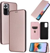 Voor Geschikt voor Xiaomi Redmi Note 10 Pro Max Carbon Fiber Texture Magnetische Horizontale Flip TPU + PC + PU Leather Case met Card Slot (Pink)