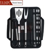 BOTC BBQ Accesoires Set - 16 in 1 Set - RVS/Roestvrijstaal -Spiesjes - Tang - Spatel - Vork- Borstel