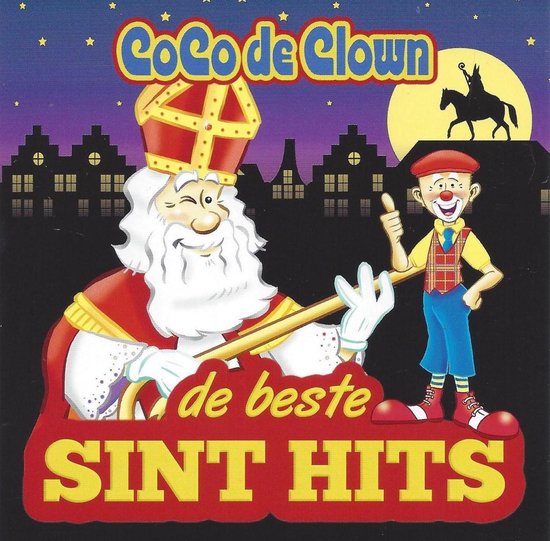 Sinterklaas met baard en mijter, naast een clown. Op de achtergrond een silhouet van gebouwen en een paard.