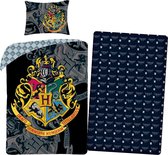 Harry Potter Dekbedovertrek- Katoen- 1persoons- 140x200- Dekbed Hogwarts Logo -Zwart, incl. Harry Potter hoeslaken 90x190 x20