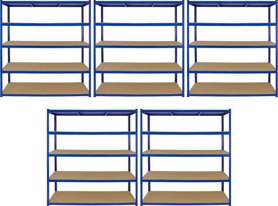 Vijf identieke blauwe metalen stellingkasten met elk 5 MDF-planken, opgesteld naast elkaar.