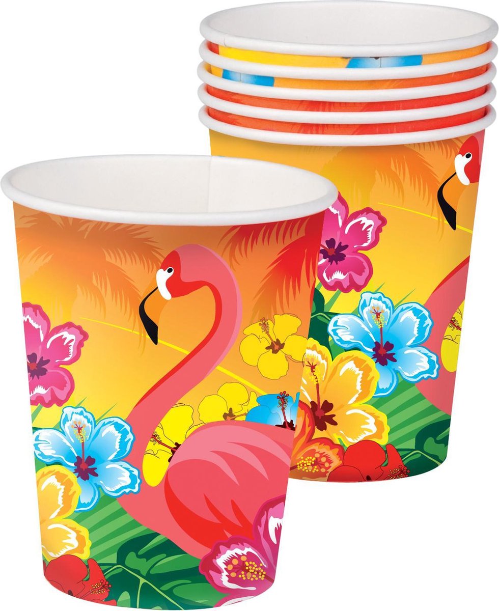Boland - Decoratie > Bekers - Bekertjes Hawaii 25cl 6 stuks - Flamingo, Bloemen