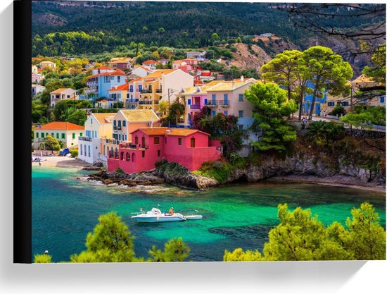Canvas  - Gekleurde Huisjes aan het Water in Kefalonia, Greece - 40x30cm Foto op Canvas Schilderij (Wanddecoratie op Canvas)