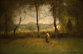 Kunst: Houtsprokkelaars op een herfstige middag van George Inness. Schilderij op aluminium, formaat is 40x60 CM