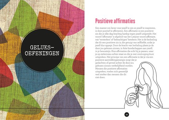 Een cirkel met de tekst "GELUKS-OEFENIGEN" op een achtergrond van kleurrijke overlappende vlakken.
