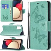 Voor Samsung Galaxy A03s Embossing Twee Vlinders Patroon Horizontale Flip PU Lederen Case met Houder & Kaartsleuf & Portemonnee & Lanyard (Groen)