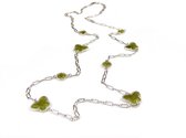 lange zilveren halsketting collier halssnoer gerhodineerd Model Vlinder en Bol met kaki groene stenen
