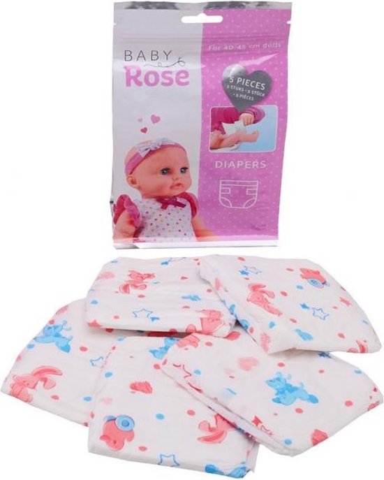 Baby Rose poppenluiers in verpakking, 5 stuks met konijnen- en sterpatroon.