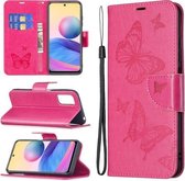 Voor Xiaomi Poco M3 Pro / Redmi Note 10 5G Embossing Twee Vlinders Patroon Horizontale Flip PU Lederen Case met Houder & Kaartsleuf & Portemonnee & Lanyard (Rose Red)