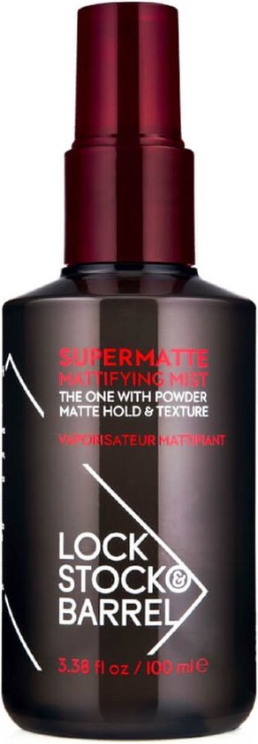 Donkerbruine fles met rode dop. Tekst: SUPERMATTE MATTIFYING MIST, LOCK STOCK & BARREL, 100 ml.