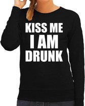 Fun sweater - kiss me I am drunk - zwart - dames - Feest outfit / kleding / trui 2XL