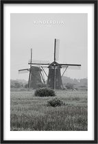 Poster Molens Kinderdijk - A3 - 30 x 40 cm - Inclusief lijst (Zwart MDF)