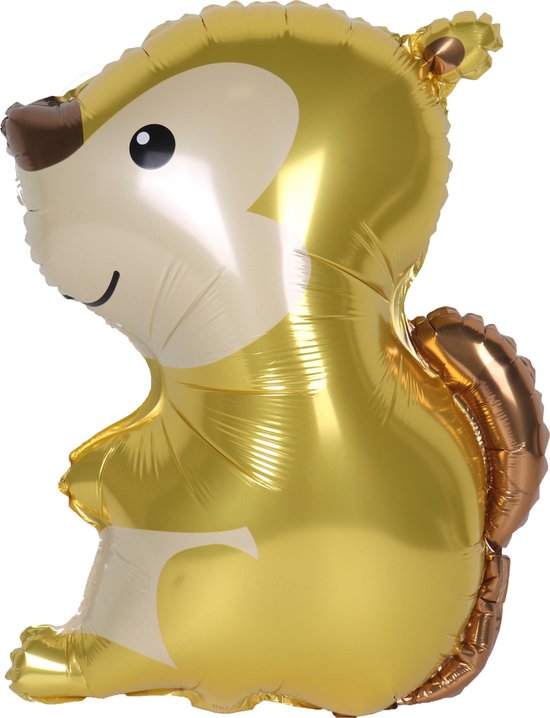 Een eekhoorn-vormige ballon met een gouden en bruine vacht, met witte buik en donkerbruine staart.