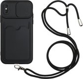 Sliding Camera Cover Design TPU-beschermhoes met kaartsleuf en nekkoord voor iPhone X / XS (zwart)