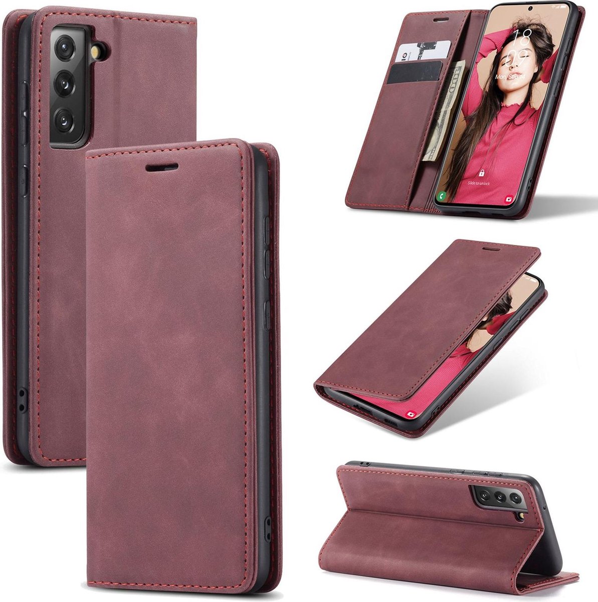 Samsung Galaxy S21 FE Bookcase hoesje - Just in Case - Effen Rood - Kunstleer