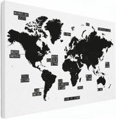 Wereldkaart Zwart Gebiednamen - Canvas 120x90