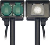 Perel Stekkerdoos voor buiten, timer, aardspies, 2 stopcontacten met penaarde (type E), 2 klapdeksel, kabel 1.5 m, 3G1.5, IP44, zwart/groen