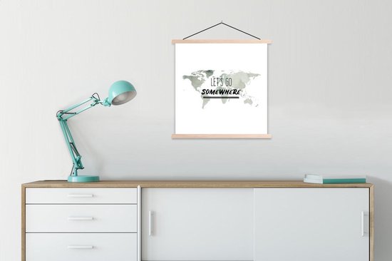 Posterhanger incl. Poster 60x60 cm - Schoolplaat - Wereldkaart - Quote - Waterverf - Textielposter - Blanke latten