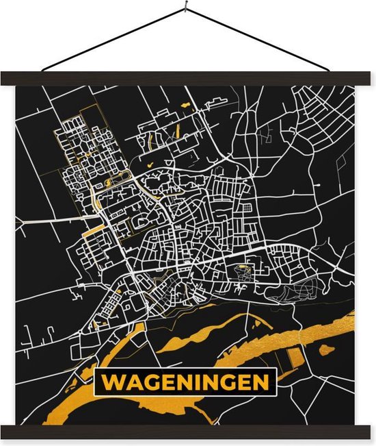 Posterhanger incl. Poster 60x60 cm - Schoolplaat - Stadskaart - Wageningen - Goud - Zwart - Textielposter - Zwarte latten
