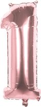 Metallic aluminium cijfer ballon '1' -  Roségoud/Roze - 36cm